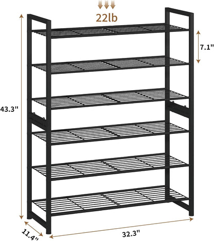 Stackable Shoe Rack, 6 Tier Metal Shoes Rack Storage Organizer,Large Capacity Shoe Shelf Max Holds 30 Pairs of Shoes,Sturdy and Stable, for Closet, Entryway,Garage，Black