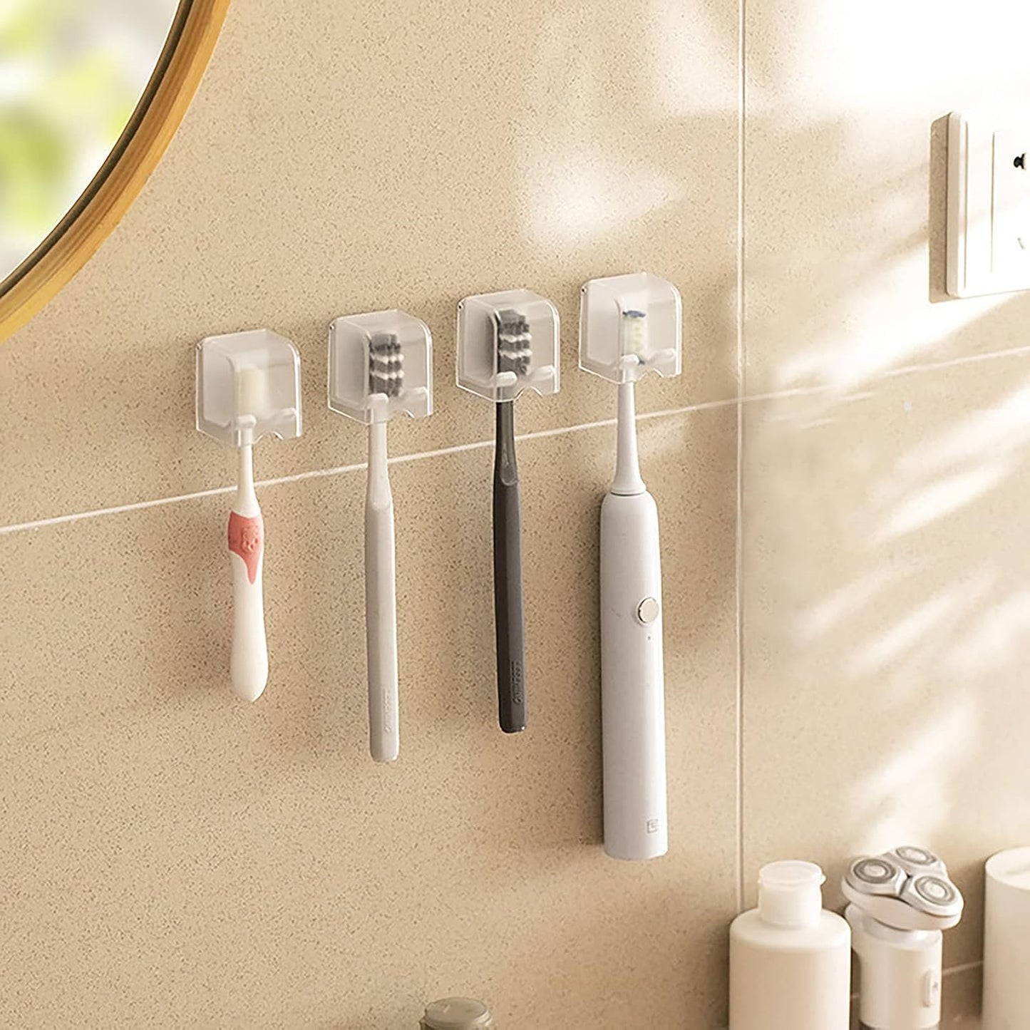 2 PCS Toothbrush Holder Wall Mounted with Cover for Bathroom, Self Adhesive Toothbrush Storage Organizer for Shower, Mini Toothbrush Hanger Rack for Dorm, Cabinet (Black)