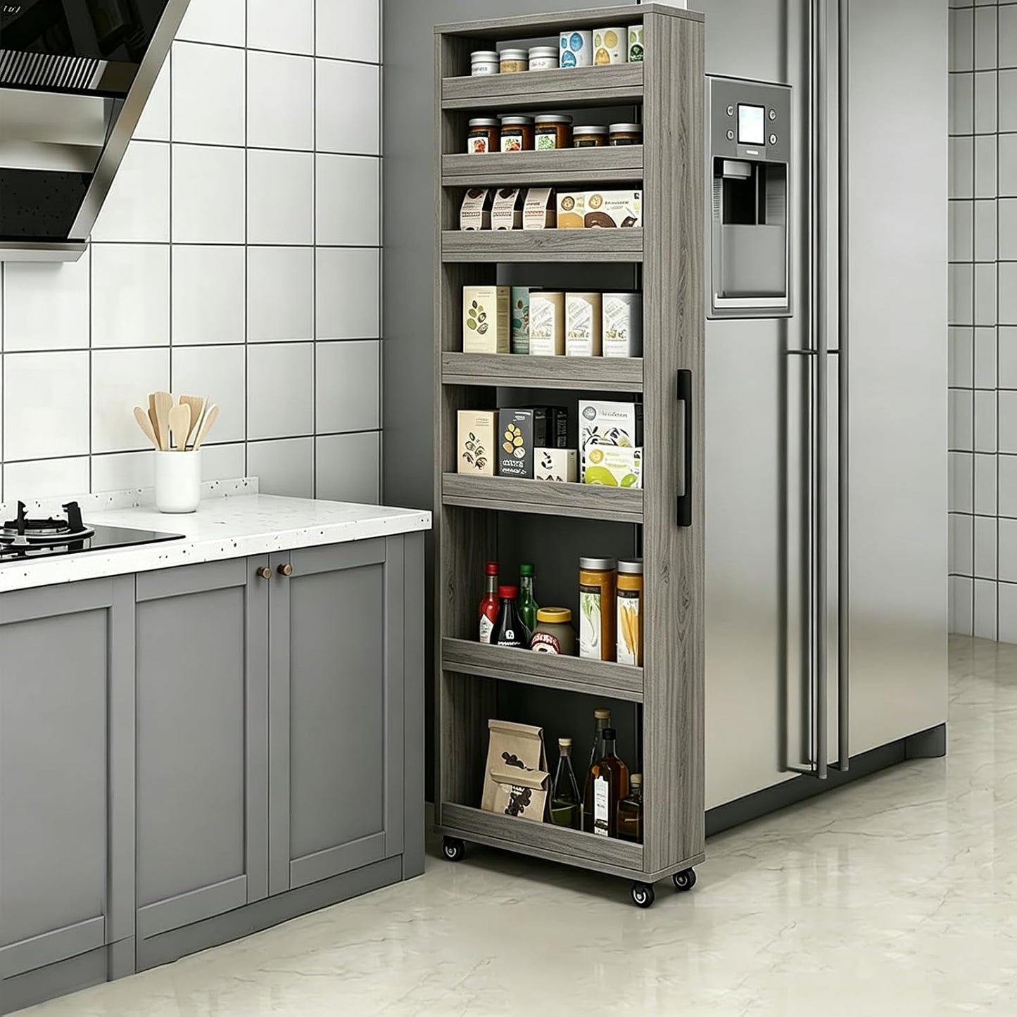 Slim Storage Cart,7 Tier Standing-Shelf with Wheels,Narrow Pantry Organizer for Small Spaces, Mobile Gap Storage Shelf for Kitchen, Laundry Room, Bathroom