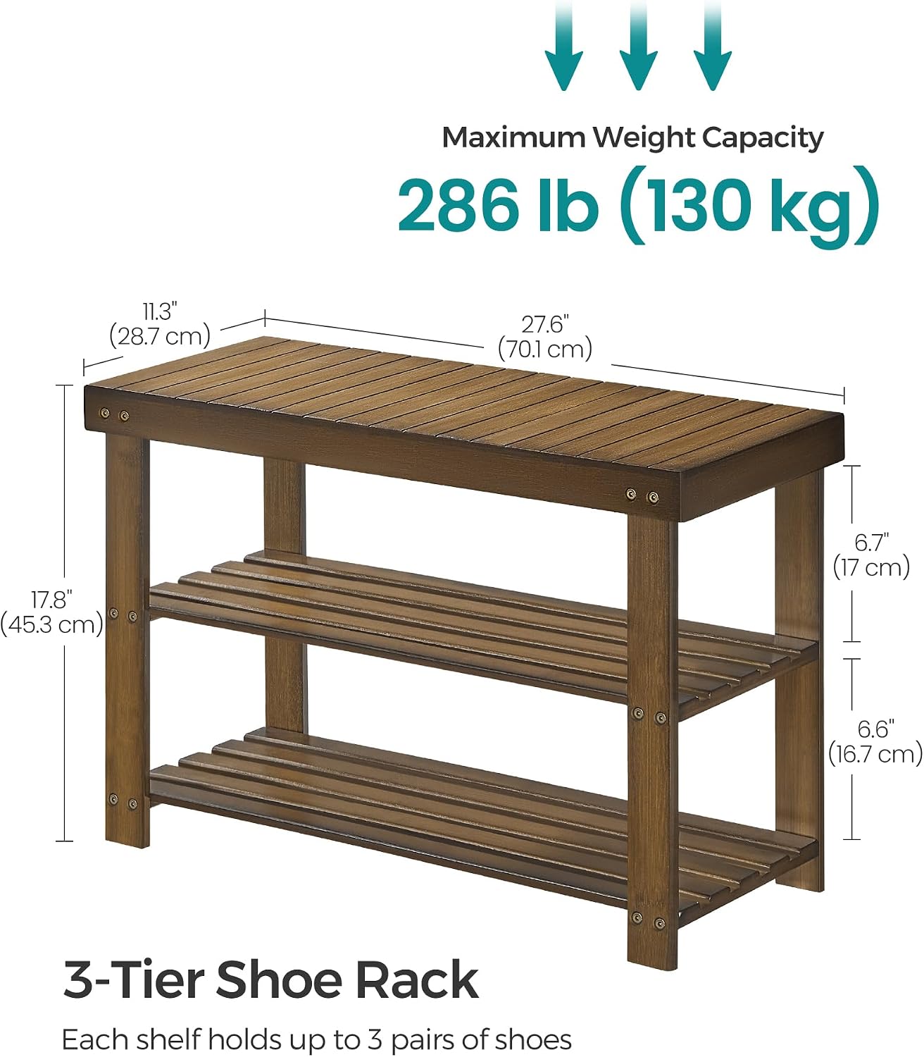 SONGMICS Shoe Rack Bench, 3-Tier Bamboo Shoe Storage Organizer, Entryway Bench, Holds Up to 286 lb, 11.3 x 27.6 x 17.8 Inches, for Entryway Bathroom Bedroom, Ink Black ULBS04H