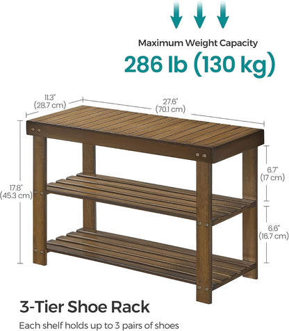 SONGMICS Shoe Rack Bench, 3-Tier Bamboo Shoe Storage Organizer, Entryway Bench, Holds Up to 286 lb, 11.3 x 27.6 x 17.8 Inches, for Entryway Bathroom Bedroom, Ink Black ULBS04H