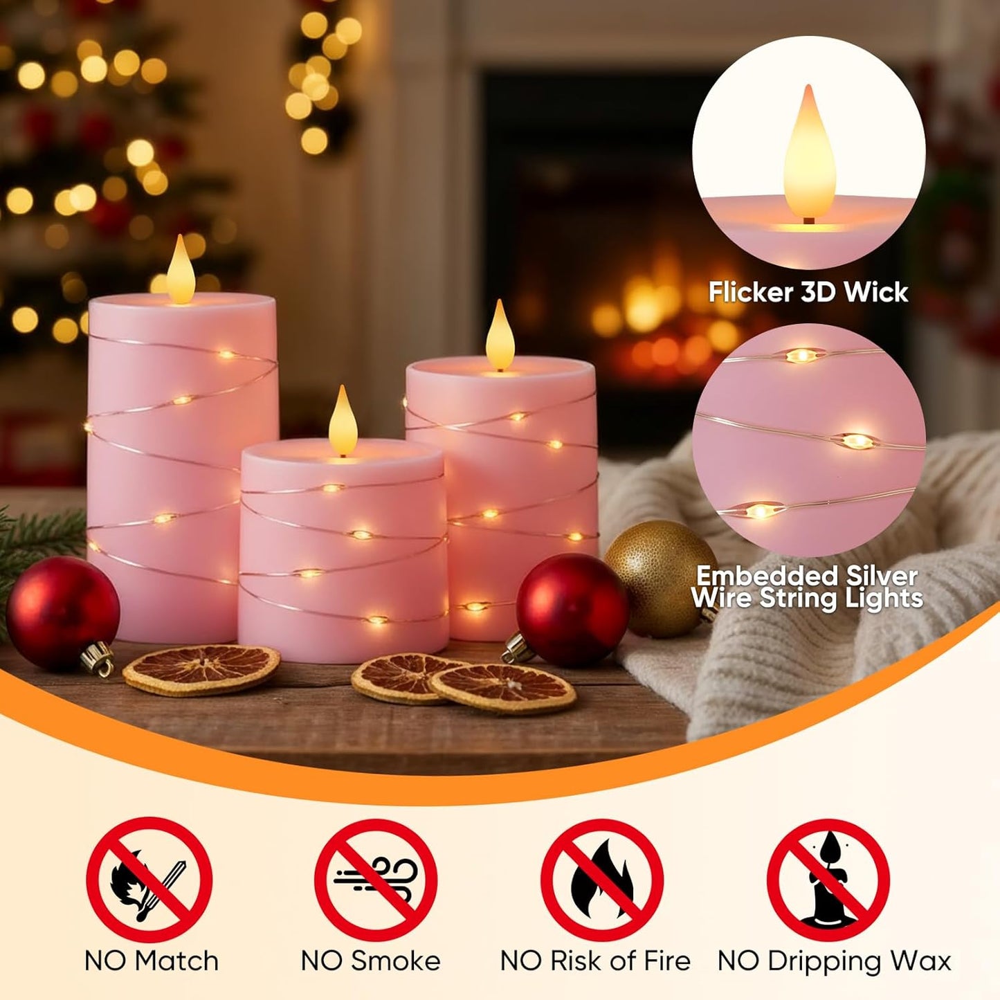 Raycare Flameless Candles with Remote Timer, Flickering Battery Operated LED Pillar Fake Candle with String Lights for Home Decor, Christmas, Wedding and Gift, White, Set of 3