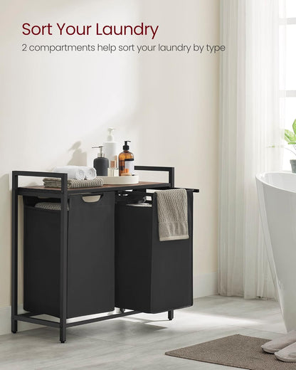 VASAGLE Laundry Hamper, Laundry Basket Sorter with 3 Pull-Out and Removable Bags, Shelf, Metal Frame, 3 x 10.6 Gallons (40 L), 36.4 x 13 x 28.4 Inches, Cappuccino Beige and Natural Beige UBLH301LH01