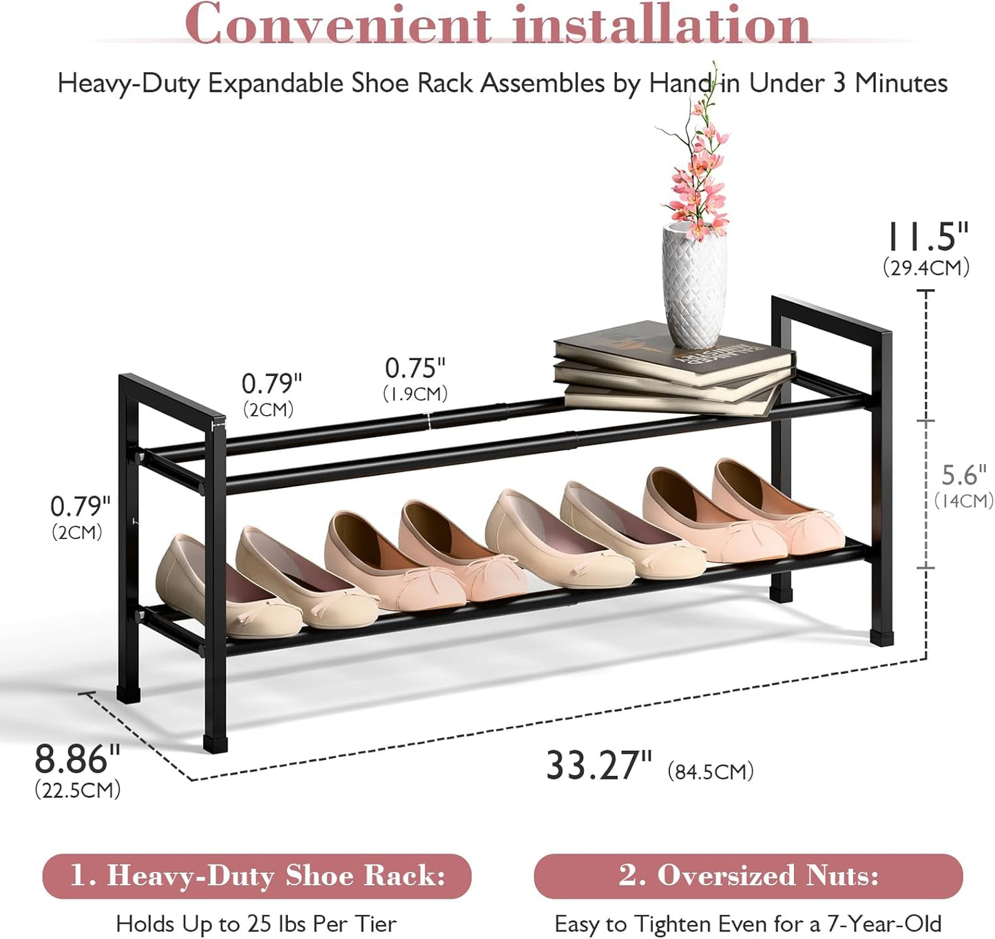 Bumusty 3-Tier Expandable Shoe Rack for Closet, 18“-33” Adjustable Shoe Rack for Small Space, Small Shoe Organizer for Front Door, Sturdy Metal, Black