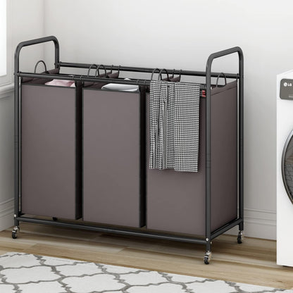 LINZINAR 3-Bag Laundry Hamper, Black Laundry Basket, 35.6 Gal(135 L) Laundry Sorter Cart Laundry Room Organization with Heavy Duty Rolling Lockable Wheels and Removable Bags