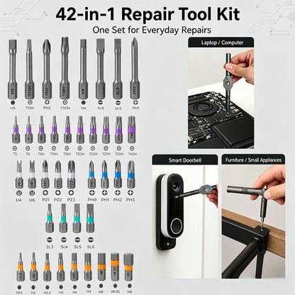 42 in 1 Magnetic Ratcheting Screwdriver Set with T-Handle, Multi-Bit Repair Tool Kit with Compact Case for Electronics, Appliances, Computer, Doorbell, Laptop, Furniture & Home Repair