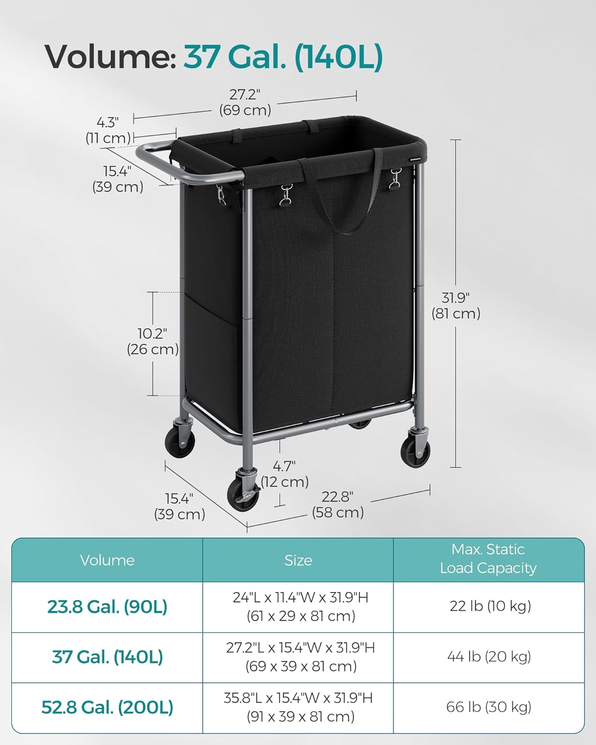 SONGMICS Laundry Basket with Wheels, 3-Section Rolling Laundry Hamper, 52.8 Gallons (200 L), Removable Liner, Steel Frame with Handle, 35.8 x 15.4 x 31.9 Inches, Cream White URLS005W01