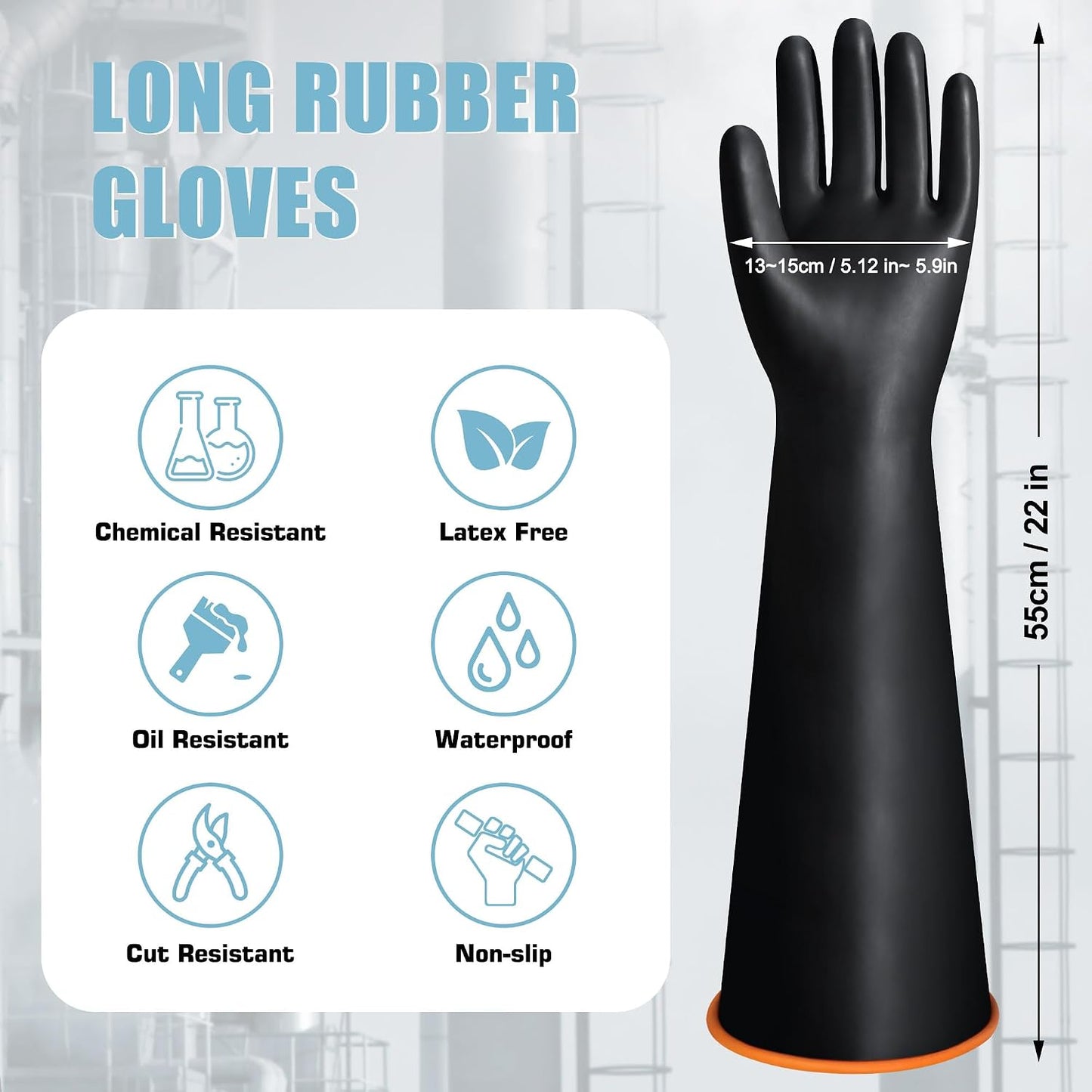 18" XL Size Latex Chemical Resistant Gloves, Reusable Heavy Duty Long Rubber Glove Dishwashing Gloves, Industrial Safety Glove for Men, Forearm Protection Waterproof Resist Strong Acid, Alkali, Oil'