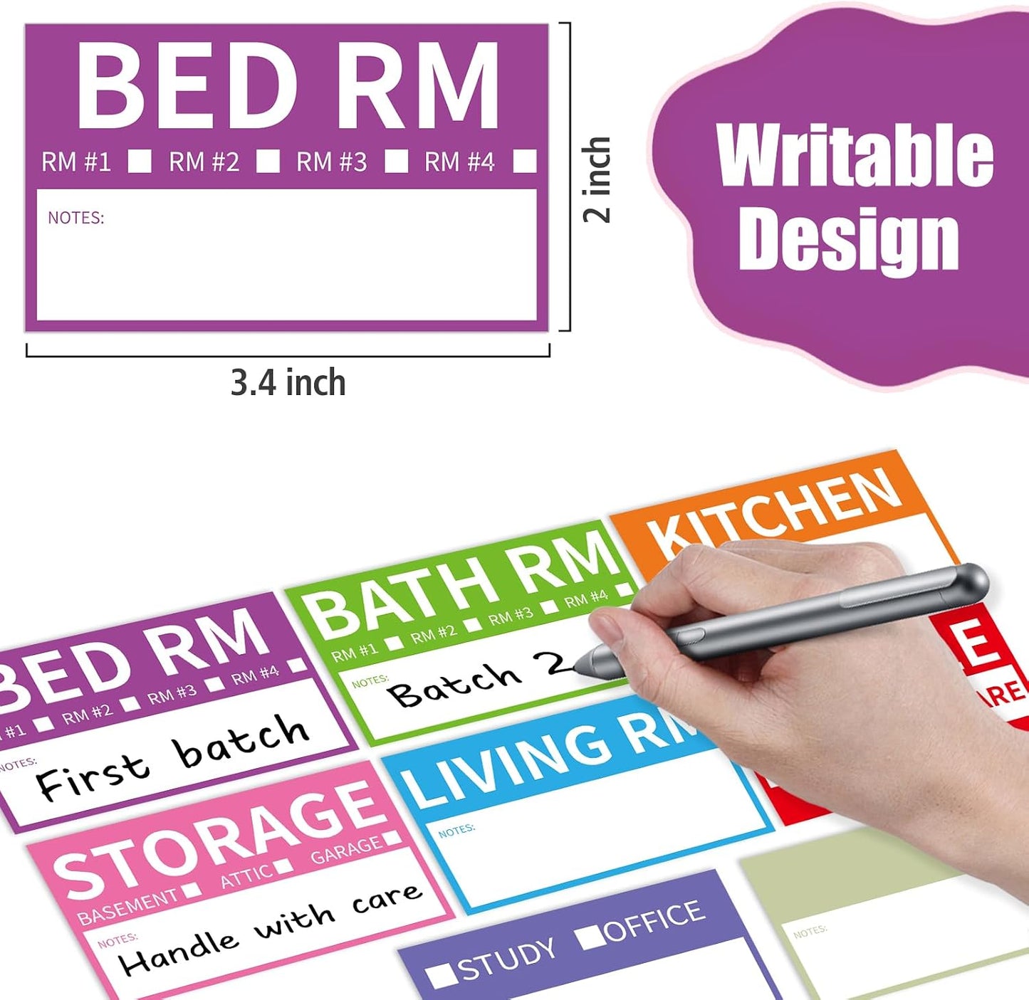 170 Home Moving Labels, 3.4 x 2 inches, 8-Color Coded Packing Box Stickers with Fragile and Blank Customizable Labels