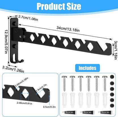 3 Pack Black Wall Mount Coat Hanger Holder, Retractable Folding Clothes Hanging Rack Aluminum Coat Hanger Wall Mount Clothes Drying Rack Space Saver for Laundry Room Bedroom Indoor