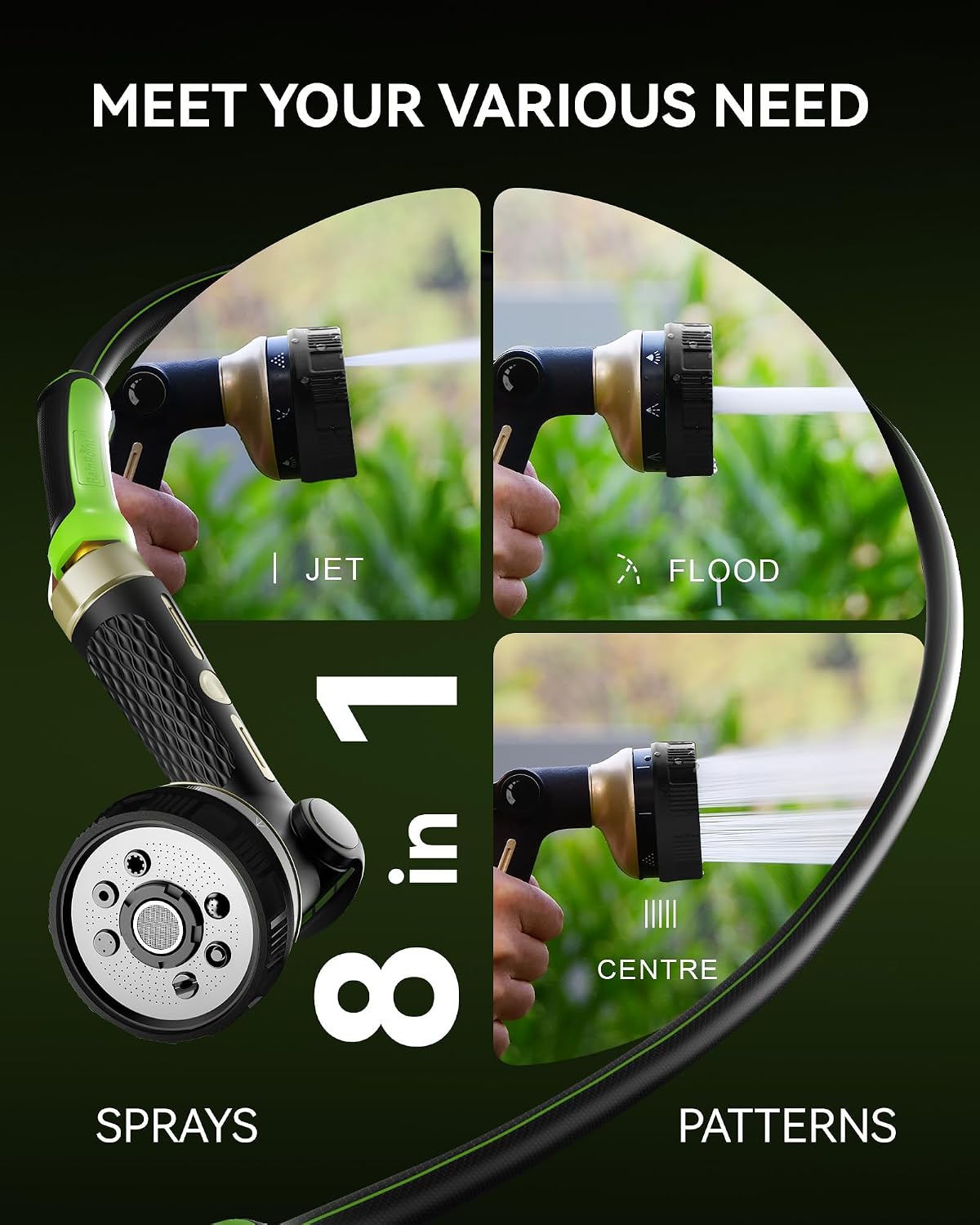 RAINPOINT Hose Sprayer Nozzle Heavy Duty - 8 Spray Patterns Garden Hose Nozzle with Adjustable Flow Control for Watering Plants, Washing Cars,Washing Pets, Thumb Control (Green)