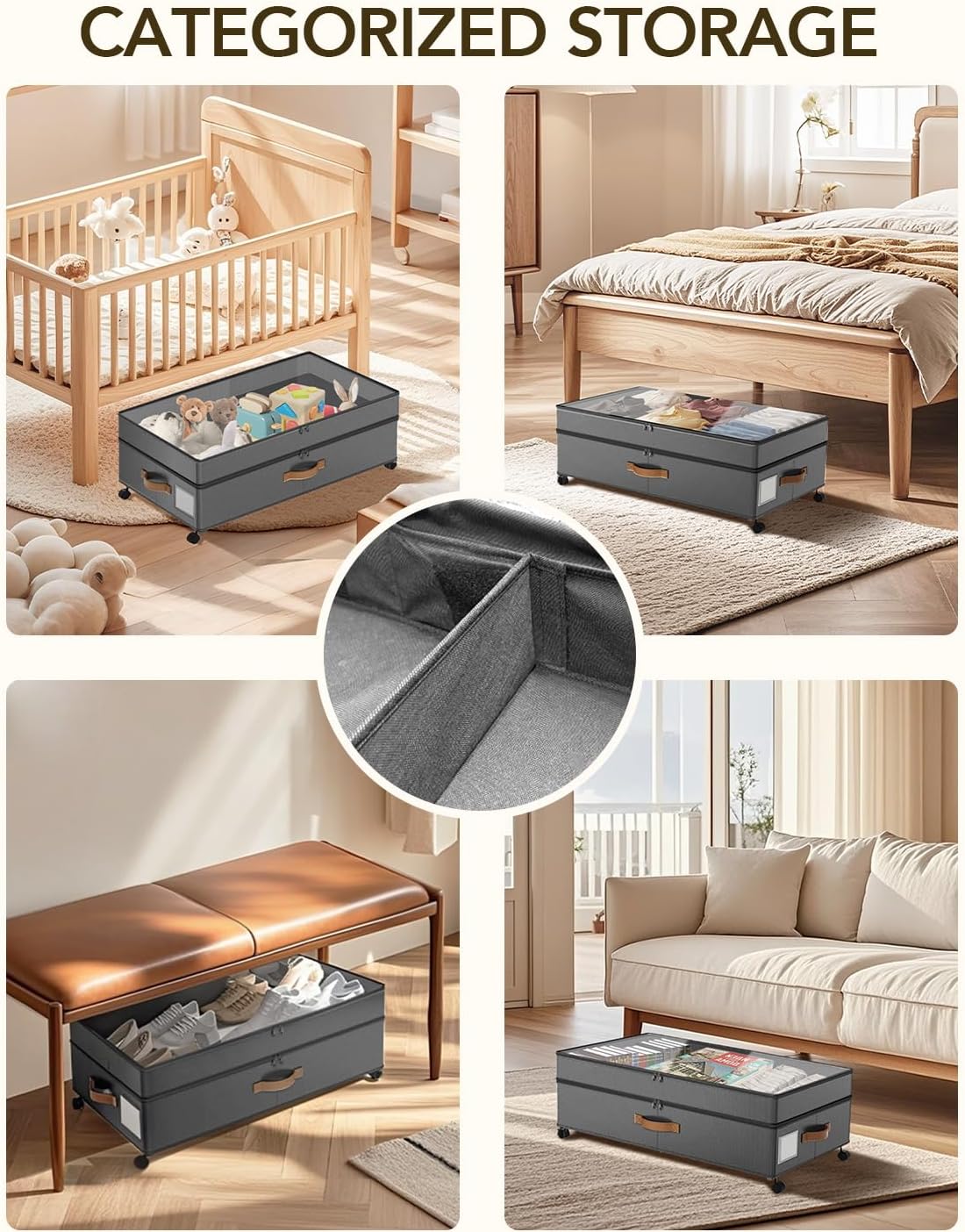 Under Bed Storage with Wheels, 10 inches Under Bed Storage Containers, 65L XXL Large Adjustable Underbed with Lids, Rolling Underbed Storage bins for Shoes, Clothes, Blankets, White