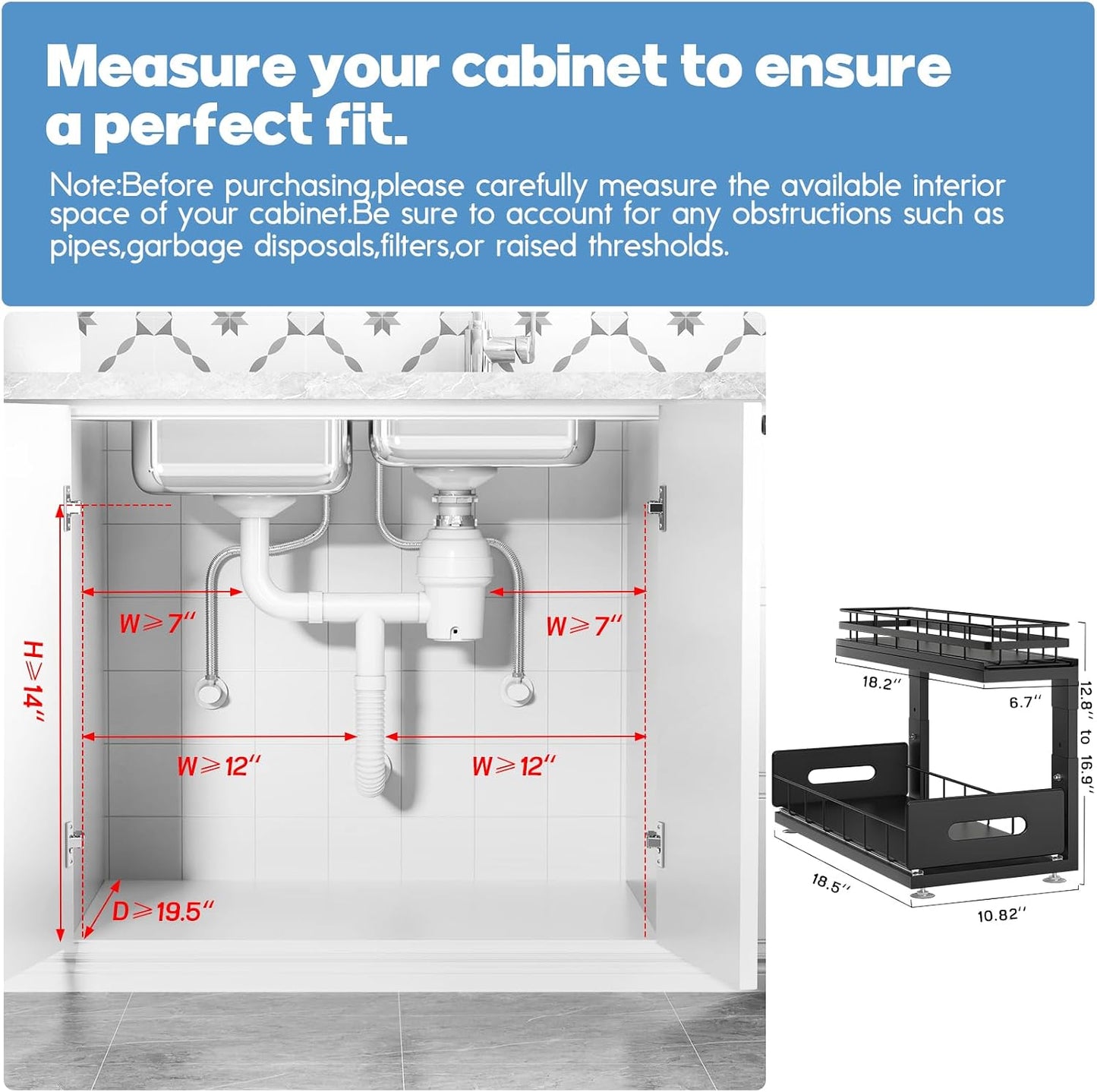 Under Sink Organizer Upgrade To Professional Rails,2-Tier Dual Pull Out Cabinet Storage,Height Adjustable Slide Out Drawers For Bathroom Kitchen,2 Pack-14.5" Dx12.8-16.9" H,White