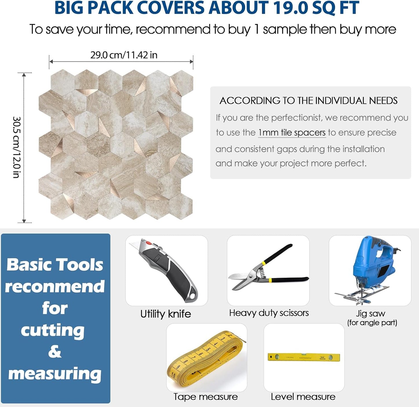 10-Sheet Heavy-Duty Hexagon Peel and Stick Backsplash, Thick Waterproof &Heat Resistant Stick on Wall Tiles, Slate Beige Mosaic for Kitchen & Bathroom, Strong Adhesive Permanent PVC Tiles