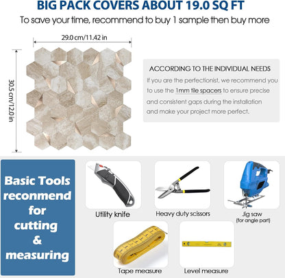 10-Sheet Heavy-Duty Hexagon Peel and Stick Backsplash, Thick Waterproof &Heat Resistant Stick on Wall Tiles, Slate Beige Mosaic for Kitchen & Bathroom, Strong Adhesive Permanent PVC Tiles