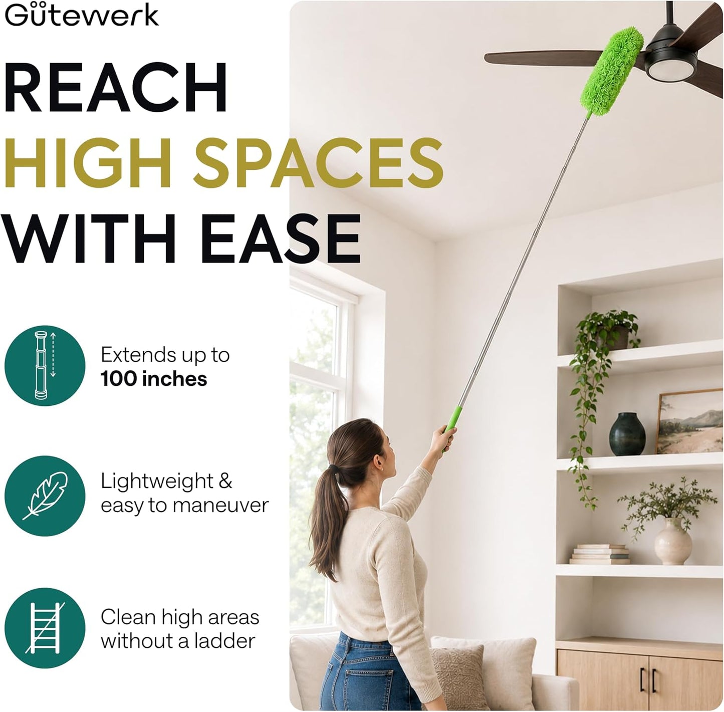 Gütewerk Extendable Microfiber Duster, 55 Inch - Feather Dusters for Cleaning Ceiling Fans, Blinds, Baseboards & High Ceilings - Washable, Electrostatic, 360° Bendable Head, Stainless Steel Pole