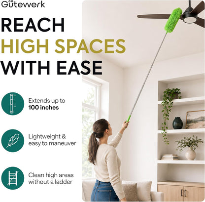 Gütewerk Extendable Microfiber Duster, 55 Inch - Feather Dusters for Cleaning Ceiling Fans, Blinds, Baseboards & High Ceilings - Washable, Electrostatic, 360° Bendable Head, Stainless Steel Pole