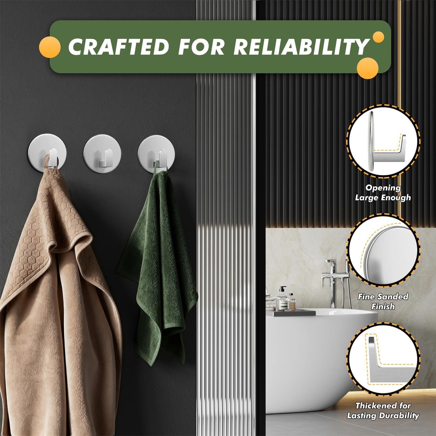 Auxmir Adhesive Towel Hooks, 5 Pack Heavy Duty Wall Hooks 15lb Max, No Drilling Sticky Hooks for Bathroom Shower Kitchen, Waterproof Rustproof Stainless Steel Hooks for Towels, Robes, Coats, Silver