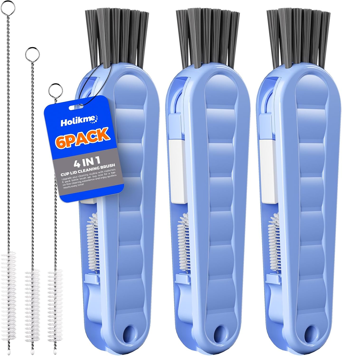 6 Pack Holikme 4 in 1 Cup Lid Cleaning Brush Set with 3 Straws, Multifunctional Bottle Brush, Silicone Cup Lid Gap Cleaner, Bristle Crevice Cleaning Brush, Flat End Brushes, Navy & Black & Olive