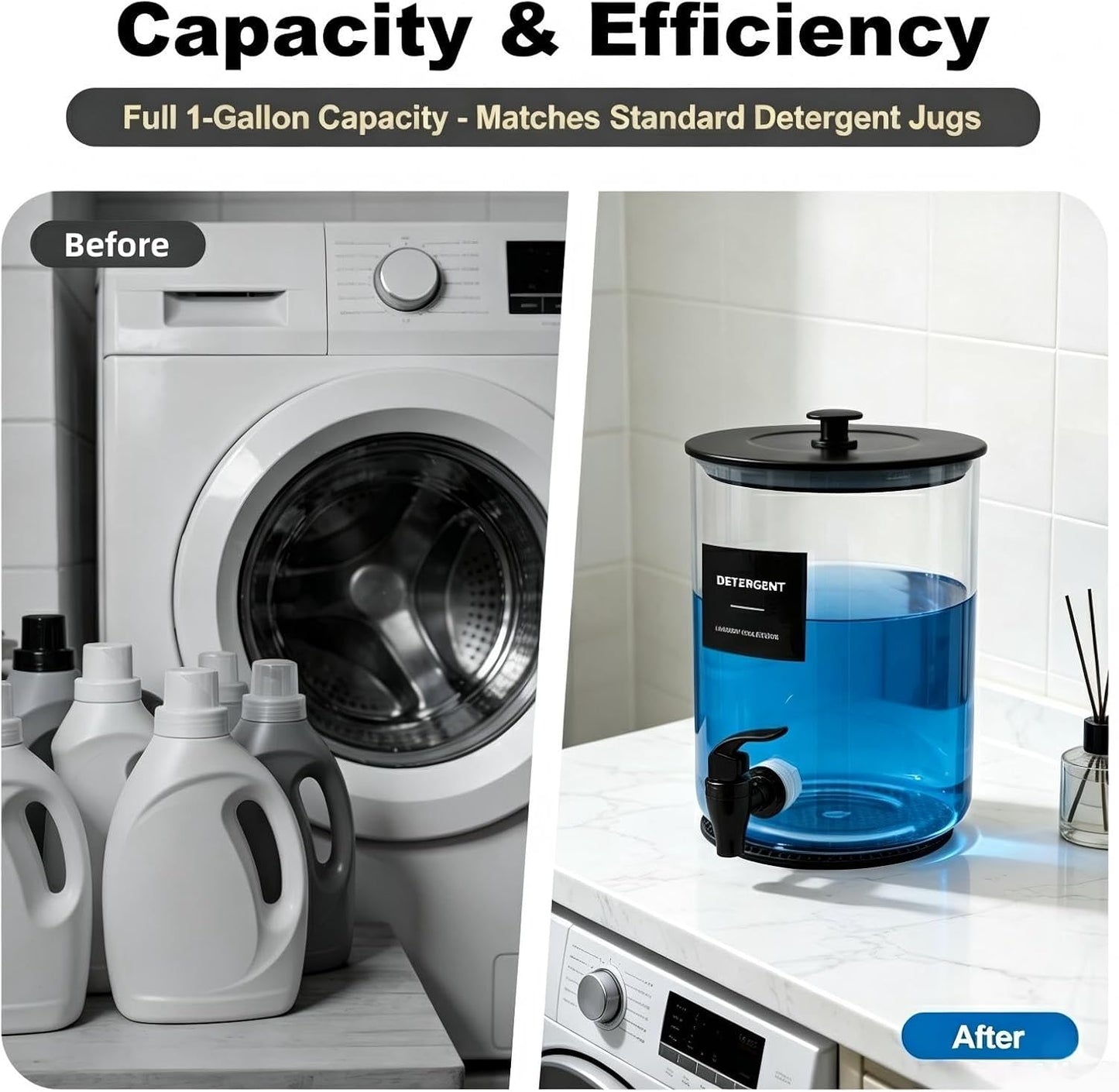 Glass Laundry Detergent Dispenser,1 Gallon Large Liquid Soap 2 Pack(Gold) | Complete borosilicate jars set with leakproof spigots, protective silicone mats, minimalist labels, and dosing cups