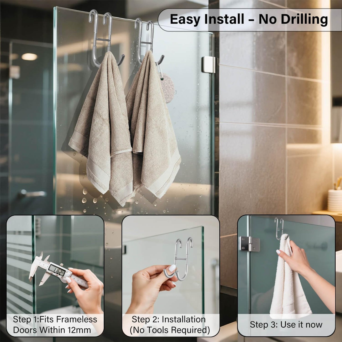 Shower Door Hooks for Towels & Squeegee - No Drill Bathroom Hooks for Frameless Glass Door, Shiny Silver Stainless Steel with Anti-Slip Rubber (2 Pack)