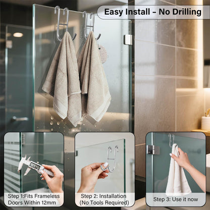 Shower Door Hooks for Towels & Squeegee - No Drill Bathroom Hooks for Frameless Glass Door, Shiny Silver Stainless Steel with Anti-Slip Rubber (2 Pack)