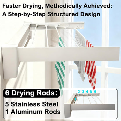 Wall Mounted Clothes Drying Rack 27 inches,Foldbale Laundry Drying Rack 6 Rods,Hidden Drying Rack Clothing,Retractable,Collapsible,Screws Needed Folding Laundry Rack (White, Medium)
