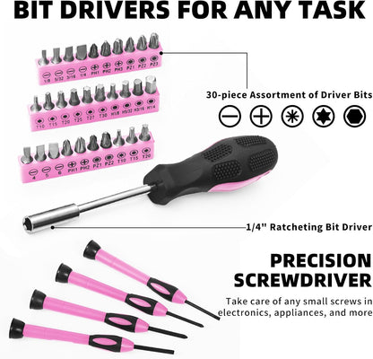 144-Piece General Household Hand Tool Kit with Plastic Toolbox Pink | Basic General Hand Tool Kit, Household Tool Set, for Home Repair, Office & College Dormitory Use, Daily Use for Women