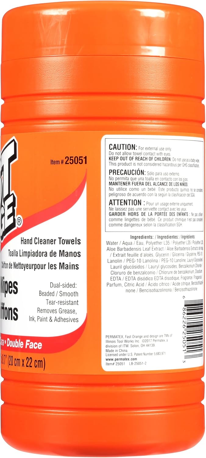Fast Orange Heavy Duty Scrubbing Towels Removes Tough Grease, Grime, Paint, Resins, Glue and More, for Hands, Tools and Surfaces Without Sticky Residue, 72 ct