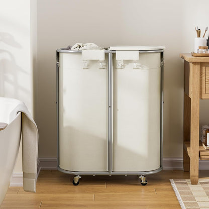 200L Double Laundry Hamper with Lid and Wheels, Large Oval Rolling Laundry Basket 2 section, Sturdy Metal Laundry Cart with 2 Removable Bags, Dirty Clothes Organizer for Home, Dorm, Black
