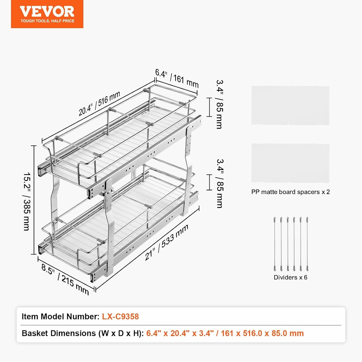 VEVOR Pull Out Cabinet Organizer, 12"W x 21"Dx15.2"H Heavy Duty Slide Out Pantry Shelves, Chrome-Plated Steel Roll Out Drawers for Home,13.5"Wx22"Dx19"H Inside Kitchen Cabinet, Bathroom, Under Sink