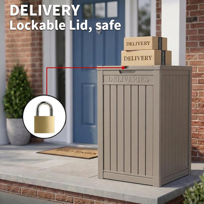 Package Delivery Box, Lockable Resin Outdoor Package, Waterproof Deck Box for Porches, Patios, Indoor & Outdoor Use (70 Gallon, Grey)