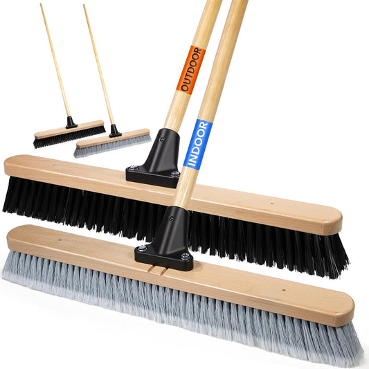 ALANNG 24” Push Brooms for Indoor and Outdoor, Heavy Duty Broom for Sweeping with 61” Wood Handle, Soft Bristle and Stiff Bristle Broom Set for Shop, Garage (2 Pieces)