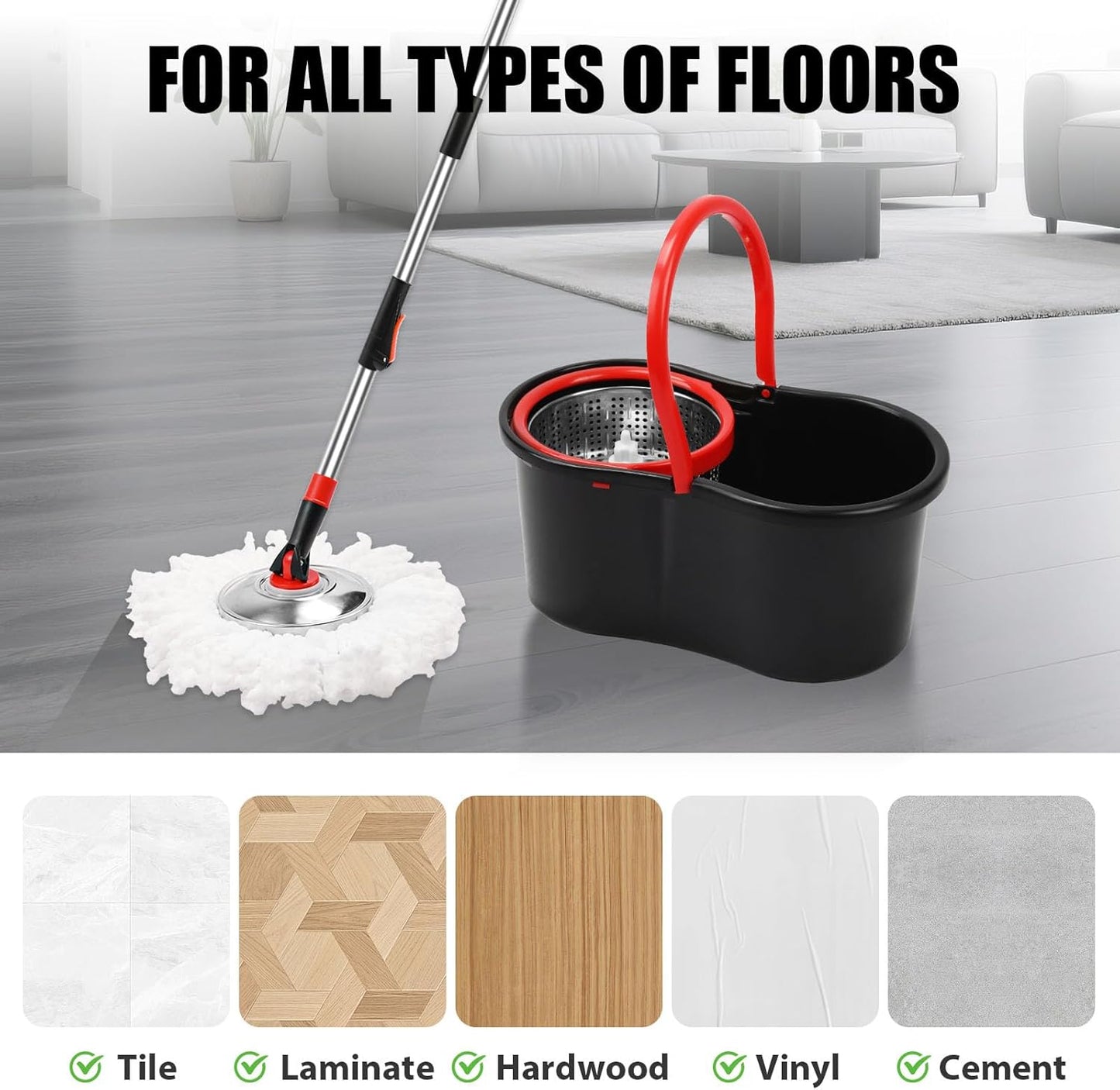 Spin Mop and Bucket with Wringer Set,360° Mop and Bucket System with 3 Microfiber Mop Refills and 50" Extended Handle for Floor Cleaning (Black)