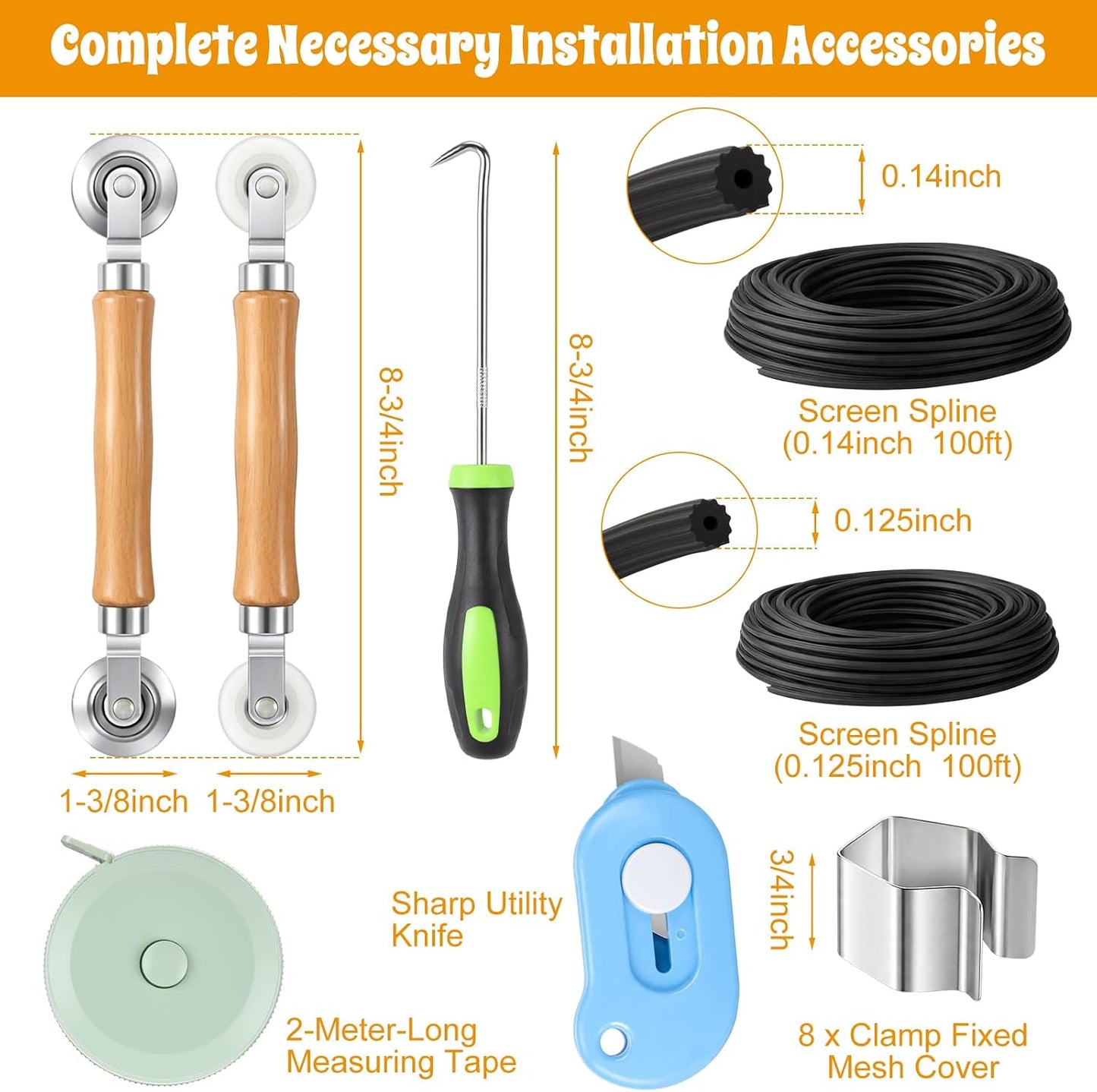 18 Pcs 48"x118" Window Screen Repair Kit Included 2 Rolls Fiberglass Mesh 4"x30ft Screen Repair Tape 8 Clips with Spline, Double Wheel Roller, Hook, Measuring Tape, and Cutter for Door Window