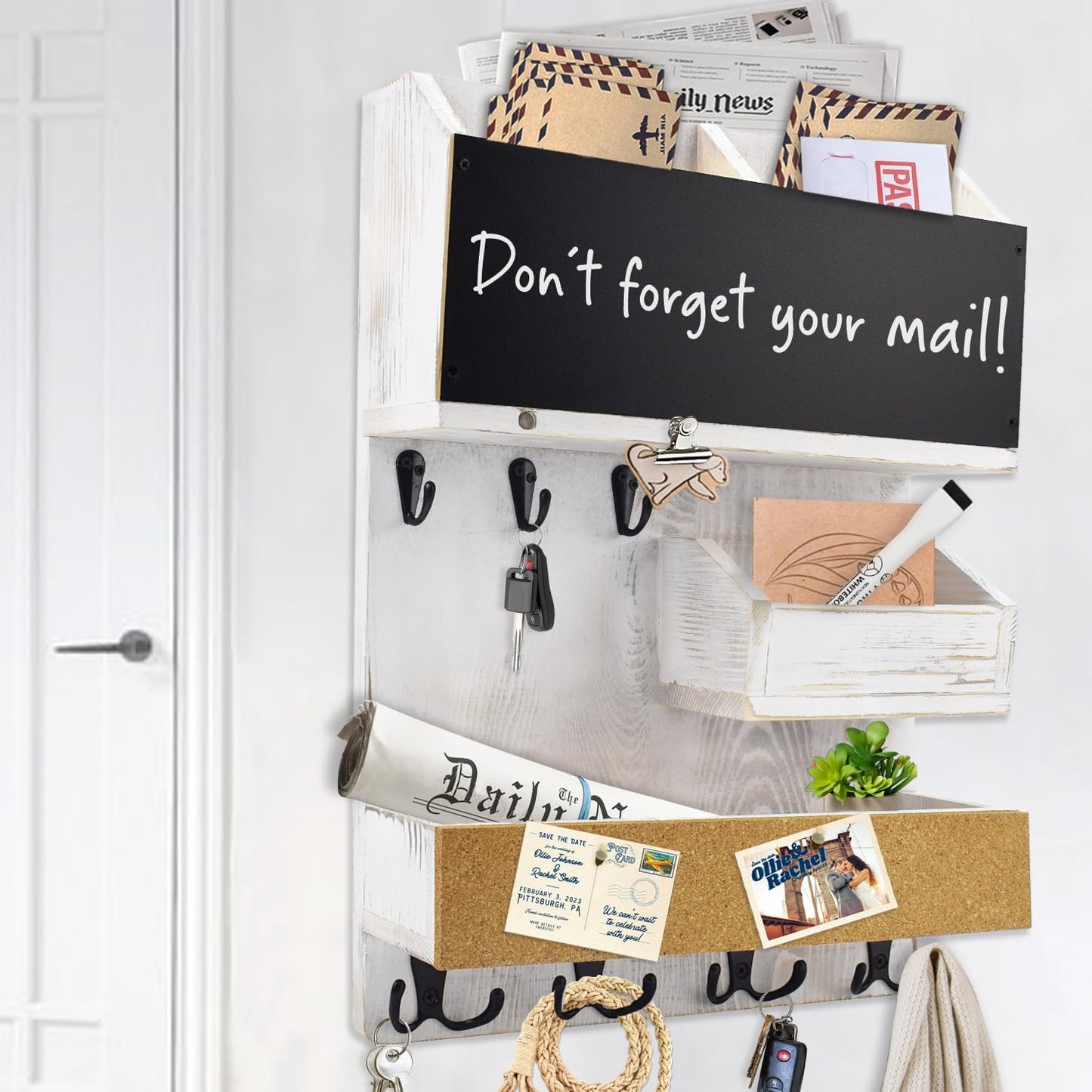 Key Holder for Wall Mount with Shelf and Mail Organizer, Key and Mail Holder with 16 Hooks, Farmhouse Entryway Organizer, Home Decor Rack (Pine Wood, Black)