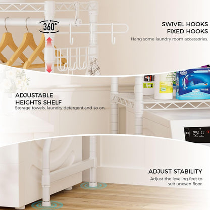 Golpart Over Washer and Dryer Shelves,Heavy Duty Laundry Room Storage Organization Clothes Drying Rack,5 Tier Adjustable Height Wire Shelving and Wire Basket with Hanger Rod&Hook,Space Saving Shelf
