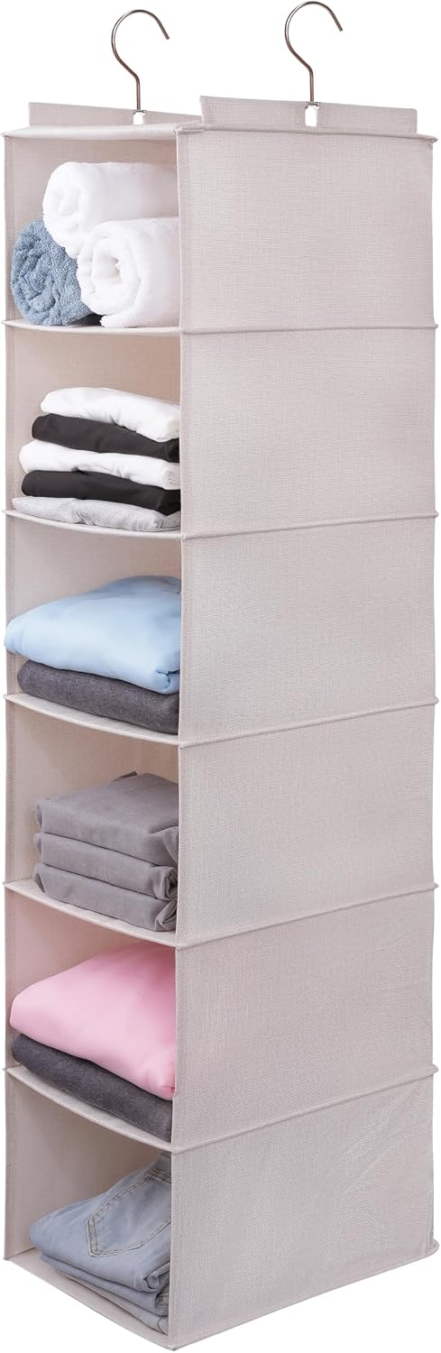 Large Hanging Sweater Organizer for Closet,Collapsible 6-Shelf Hanging Closet Shelves with Drawers, Washable (Grey-6 Shelf)