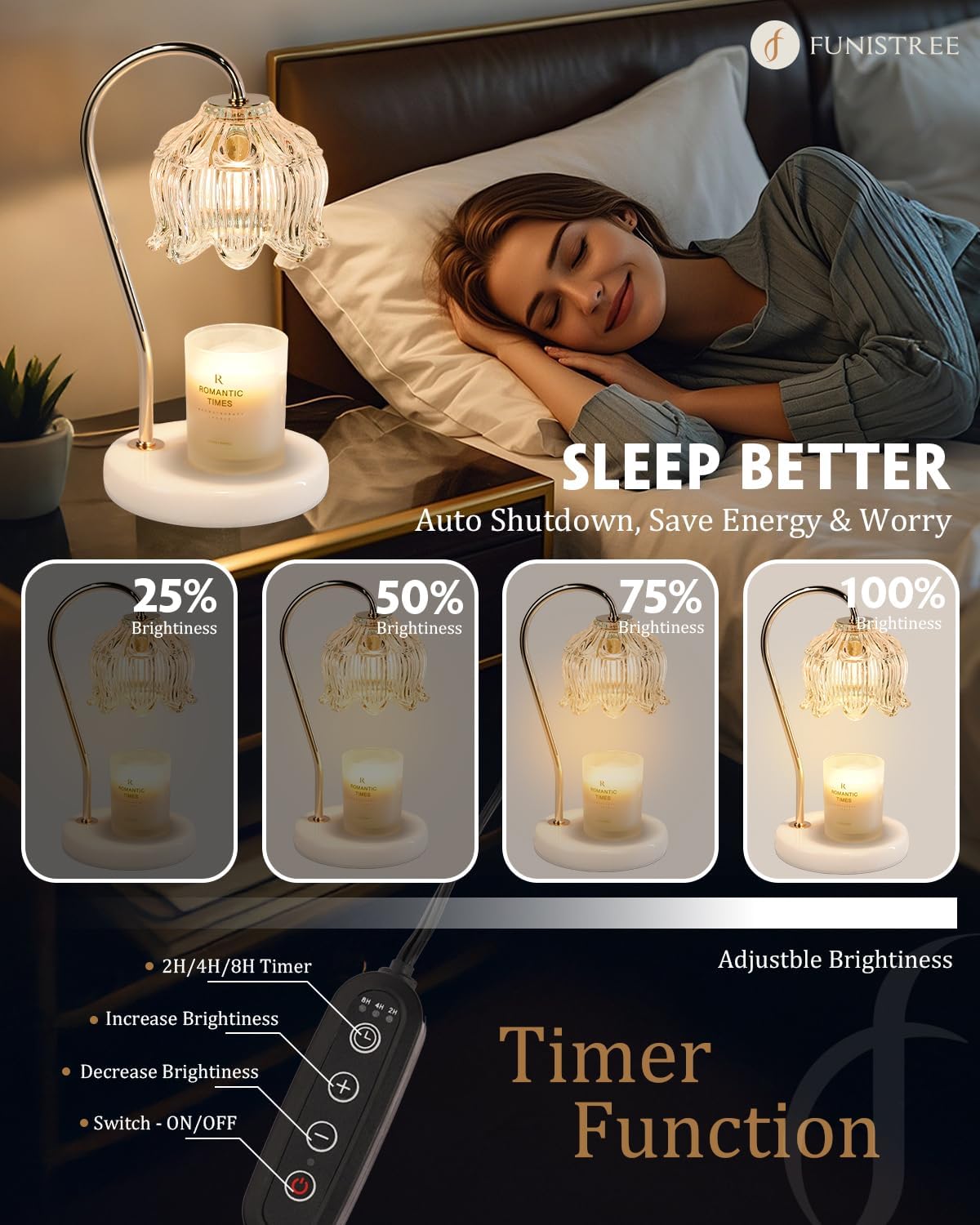 Funistree Flower Candle Warmer Lamp with Timer & Dimmer, Adjustable Height Candle Warmer, Christmas Birthday Gifts for Women Mom, House Warming New Home Decor, Wax Warmer with 2 Bulbs for Jar Candles