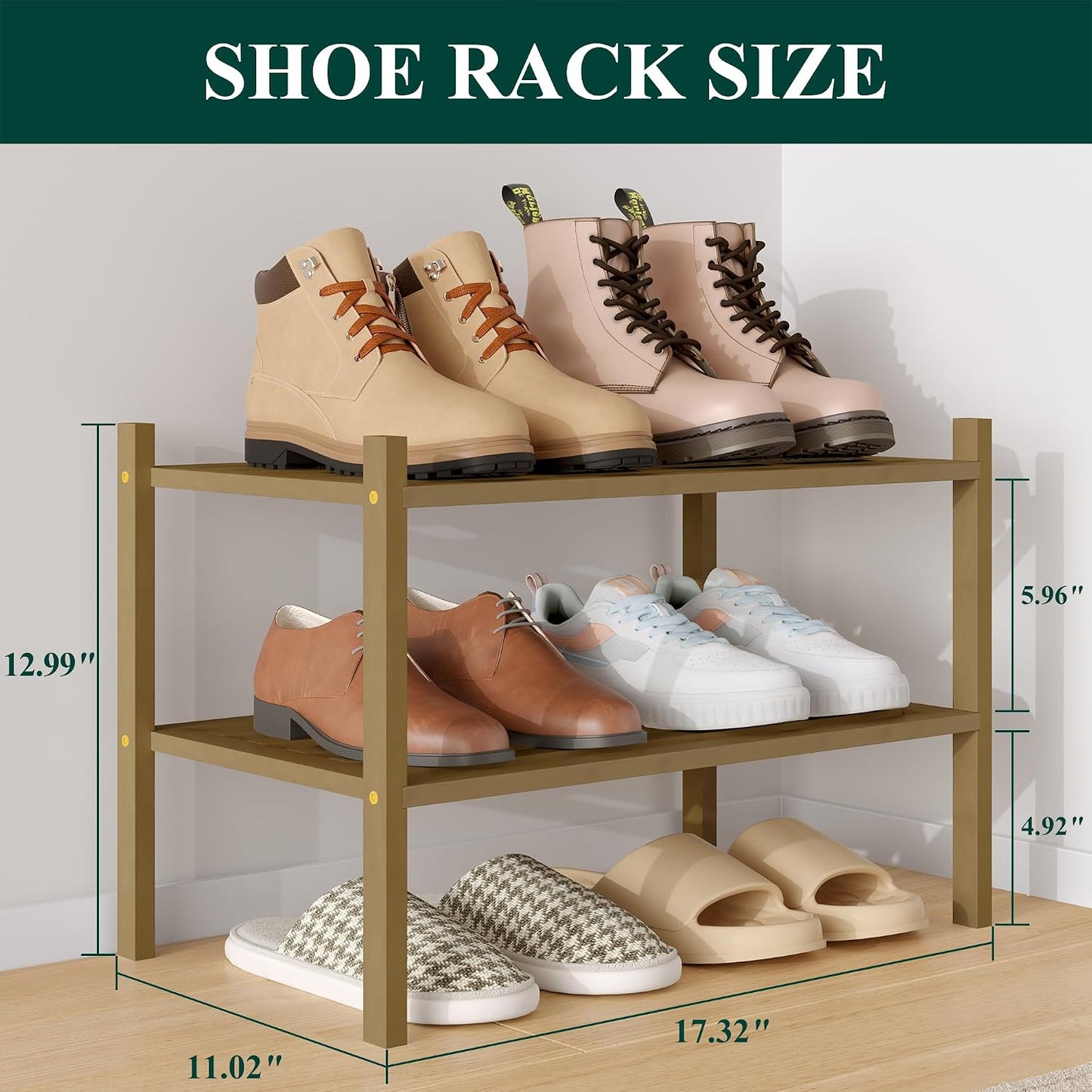 Smiry Bamboo Shoe Rack, 3 Tier Free Standing Wooden Shoe Organizer, Stackable Wood Shoe Storage Shelf for Closet, Entryway, 5 Horizontal Slats, 26.8"x11"x18.3", Natural