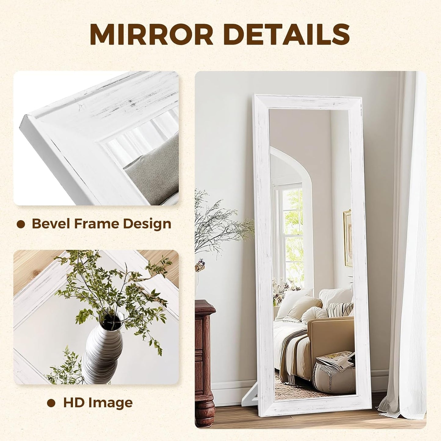 Solid Wood Full Length Mirror - 65"x22" Arched Floor Mirror, Free Standing & Wall Mounted - Elegant Design for Bedroom, Dressing Room, Hallway, Brown