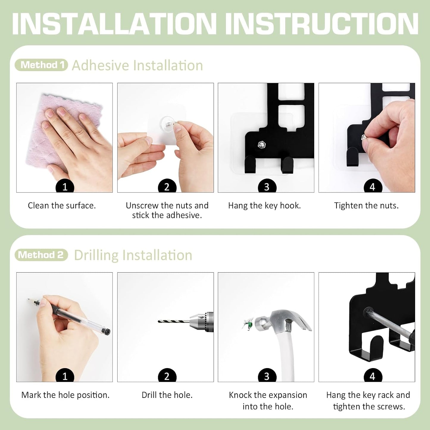 Key Holder Wall Mount, Adhesive Metal Key Hanger with 6 Double Hooks, 2 Installation Methods, Black
