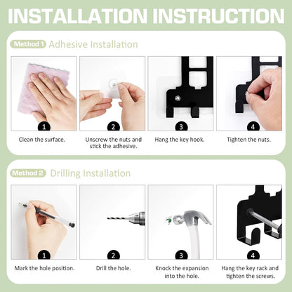 Key Holder Wall Mount, Adhesive Metal Key Hanger with 6 Double Hooks, 2 Installation Methods, Black