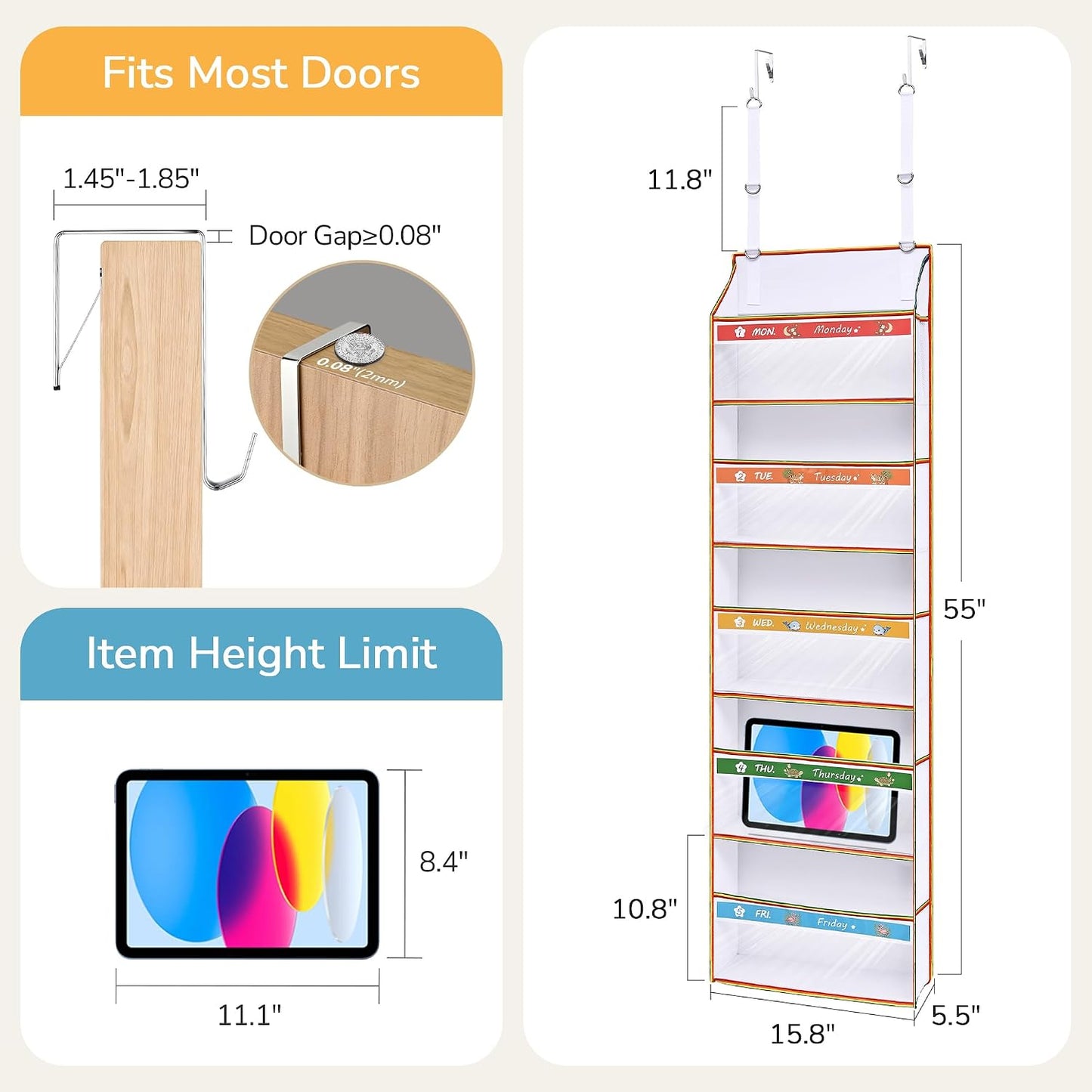 5 Tiers Ultra-thin Over Door Organizer with 10 Mesh Side Pockets, 44 lbs Weight Capacity Hanging Storage Organizer with Clear Window Kids Toys, Shoes, Diapers, White & Grey