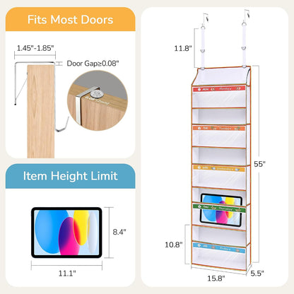 5 Tiers Ultra-thin Over Door Organizer with 10 Mesh Side Pockets, 44 lbs Weight Capacity Hanging Storage Organizer with Clear Window Kids Toys, Shoes, Diapers, White & Grey