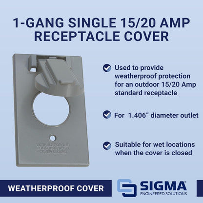 Sigma 14224 Weatherproof 1-Gang Single 15/20 Amp Receptacle Cover, Gray
