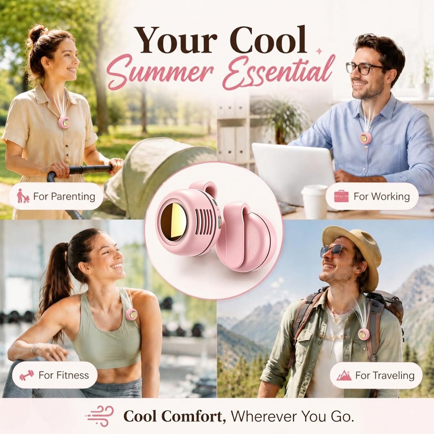 Portable Clip-On Fan, Mini Bladeless Waist Fan, 5100RPM 25dB Ultra-Quiet 3-Speed Rechargeable Small Whirlwind Fan, Hands-Free Personal Cooling for Outdoor Travel Office Camping with USB-C