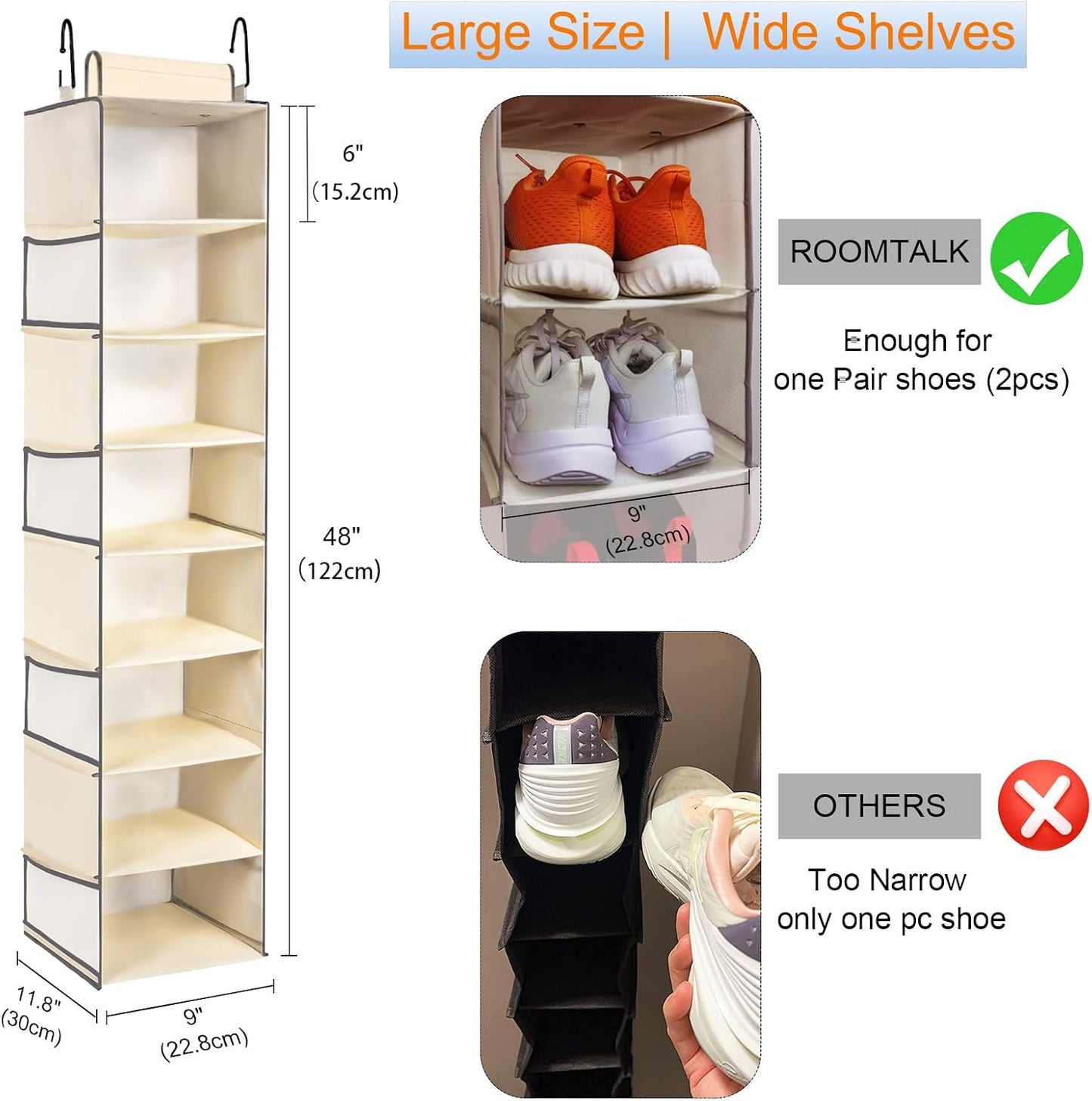 Large-Sized Hanging Shoe Organizer 8-Shelf, Hanging Closet Organizer with 8 Side Pockets, Wider Hanging Shelves for Storage Shoes Clothes 9" W × 11.8" D× 48" H, Grey