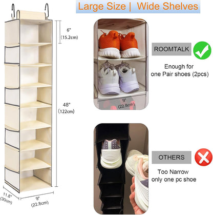 Large-Sized Hanging Shoe Organizer 8-Shelf, Hanging Closet Organizer with 8 Side Pockets, Wider Hanging Shelves for Storage Shoes Clothes 9" W × 11.8" D× 48" H, Grey