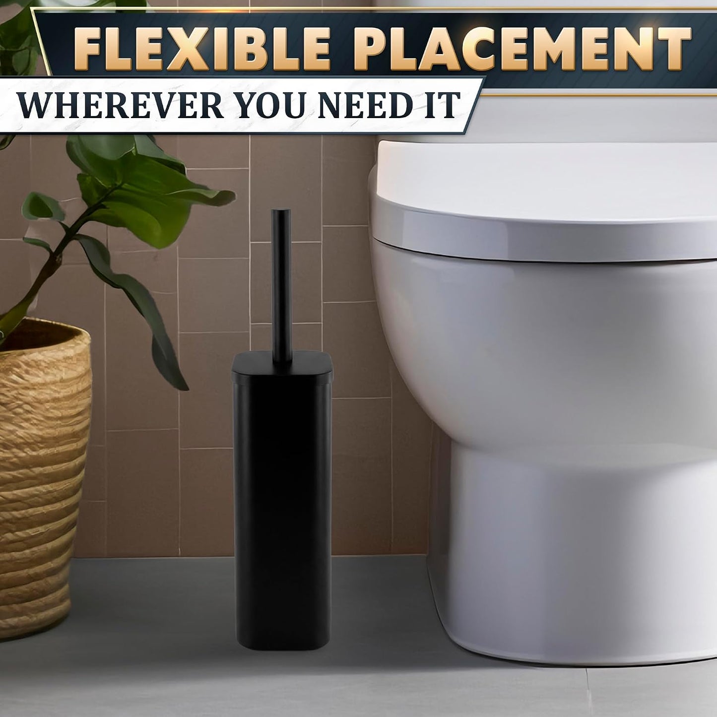 Black Toilet Brush and Holder Set - Slim Matte Design that Fits Anywhere - Stainless Steel Toilet Bowl Brush and Holder with 2 Rounded Corners, Replaceable Head, Removable Inner Bowl & Splash Guard